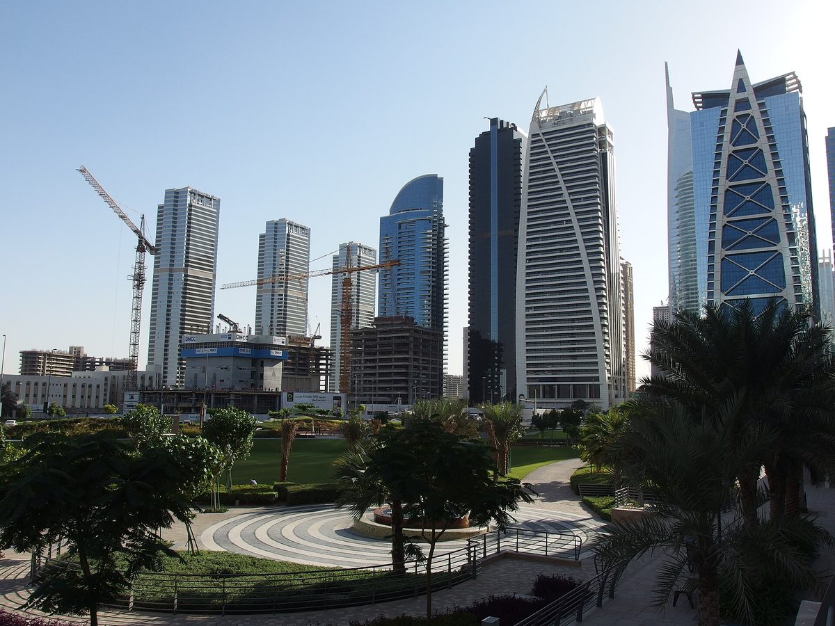 Jumeirah Lakes Towers park with office towers behind